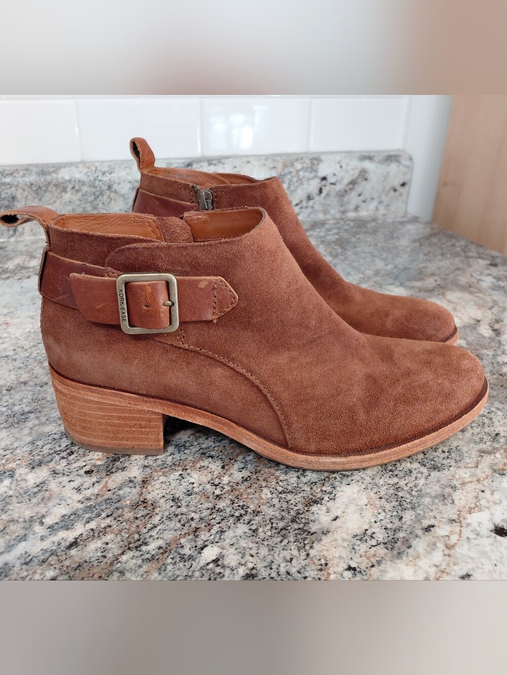 Kork-Ease Suede Ankle Booties in Cognac Brown with Buckle